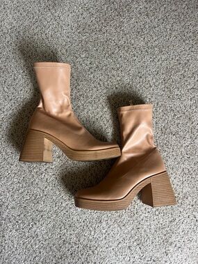 Women's Tan Platform Block Heel Sock Boots